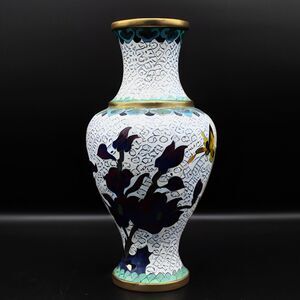 Vintage Brass Cloisonne Flower Vase Enamel Chinoiserie Style Floral Design Decor
